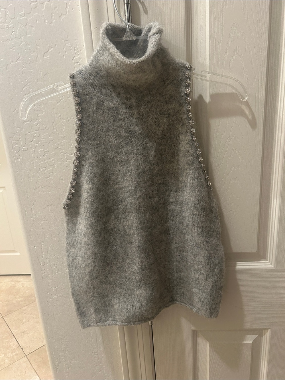 Zara Gray Sleeveless Turtleneck Sweater Vest with Beaded Trim